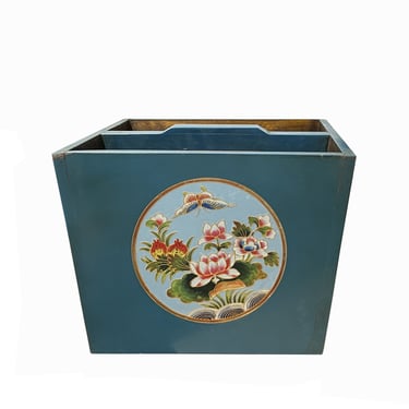 Chinese Wood Square Pastel Blue Lotus Graphic Handle Bucket ws3508E 