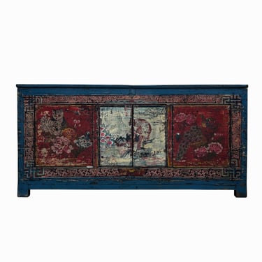 Chinese Distressed Blue Red Tiger Graphic Sideboard Console Cabinet cs7739E 