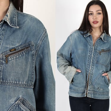 Vintage 50s 60s Lee Sanforized Blue Jacket, Jelt Denim Trucker Jean Coat, Full Talon Zipper XL 