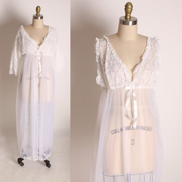 Late 1960s Early 1970s Sheer White Wide Strap Lace Trim Night Gown with Matching Sheer Robe Two Piece Peignoir Lingerie Set by Belle Smith 