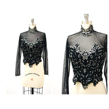 90s Black Sheer Rhinestone Showgirl Top Shirt Size Small Medium // Black Lace and mesh Sheer Long sleeve Top Rhinestone Dance Costume 