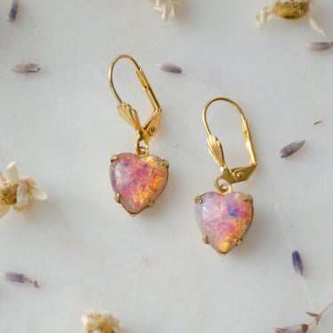 pink fire opal earrings, gold heart earrings, October birthstone jewelry, bridal bridesmaid wedding dangle drop earrings, gift for her 