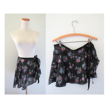 Vintage Swim Skirt - Wrap Sarong Cover Up - Black Floral Print Semi Sheer - Size Large 