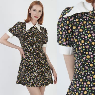Dagger Collar 60s Micro Mini Dress Vintage Mod Style Flower Print Frock Short GoGo Party Outfit 