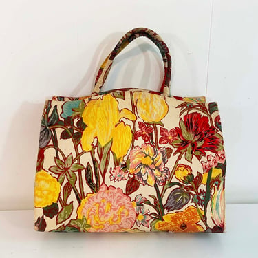 Vintage Margaret Smith Tote Bag 60s Purse Sewing Knitting 1960s Handbag Purse Fabric Blue Floral Flowers Flower Power Gardiner Maine USA 