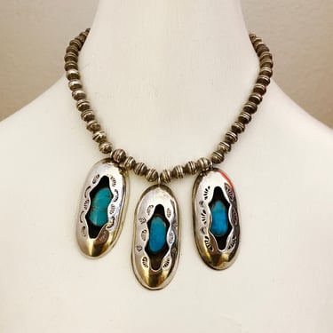Navajo Shadow Box Necklace | Vintage 40s 50s Sterling Silver + Turquoise Large Oblong Triple Oval Pendant  Native American Indian Jewelry | 