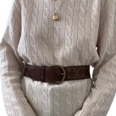 Womens Brown Genuine Leather Studded Western Hippie Wide Waist Belt Sz M 