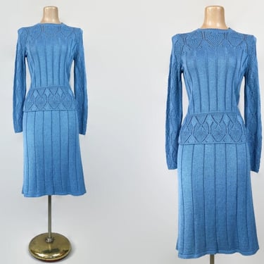 VINTAGE 1970s Blue Pointelle Knit Skirt and Sweater Set Size 12 | 70s 2 Piece Knitwear Dress Set | 70s does 50s Outfit | VFG 
