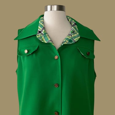 Vintage 60s 70s Paul of California Green Mod Dress with Dagger Collar, Tunic, Duster, Shirt Dress 