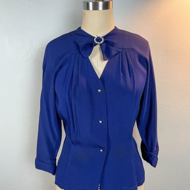 Vintage early 1950s 1940s Stunning Cocktail Blouse Rhinestone Royal Blue Rayon Keyhole Cutout 