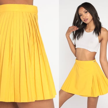 Yellow Tennis Skirt 80s Pleated Mini Skirt Retro Cheer Uniform School Girl Skirt High Waisted Preppy Plain Vintage 1980s Extra Small XS S 