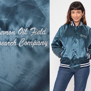 Satin  Bomber Jacket 80s Chevron Oil Field Research Company Baseball Jacket Snap Up Uniform Coach Jacket Vintage Blue Medium 