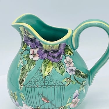 Vintage Bird Cage Floral Design Decorative Ceramic Pitcher 5" Tall  Chip Free 