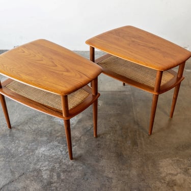 Danish Modern Pair of Peter Hvidt Solid Teak & Cane Side Tables 