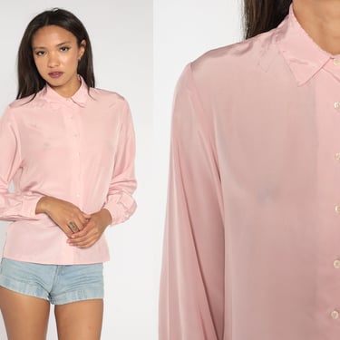 Baby Pink Blouse 80s 90s Button Up Shirt Retro Basic Simple Top Pastel Long Sleeve Collared Preppy Secretary Chic Vintage Medium M 