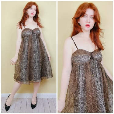 Y2K Nicole Miller Leopard Print Babydoll Dress / Vintage Gold Metallic Threaded Empire Waist Halter / Size Medium - Large 