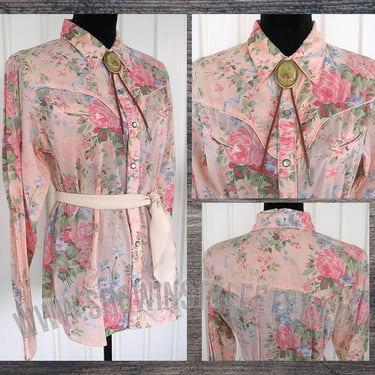 Ralph Lauren Vintage Retro Women's Cowgirl Western Shirt, Pink with Pastel Floral Print, Long Sleeves, Tag Size Large (see meas. photo) 