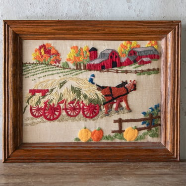 Autumn Crewel Artwork, Vintage Farm Embroidery, Framed Fall Textile 