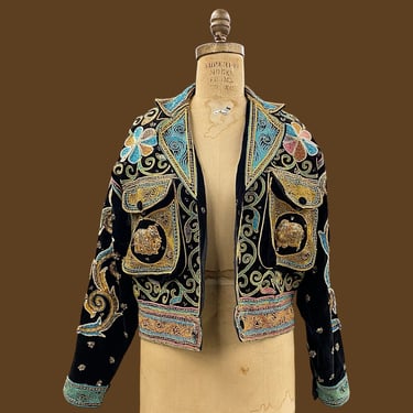 Vintage Burmese Kalaga Jacket Retro 1970s Bohemian + NO SIZE TAG + Rico International + Womens Fashion + Black + Embroidered + Tapestry 