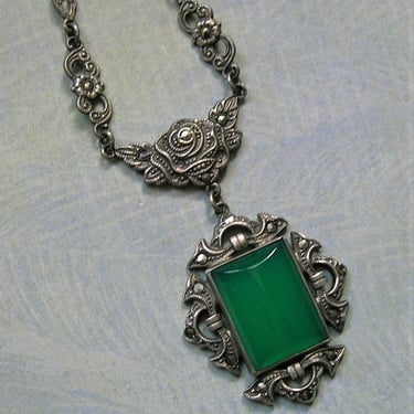 Antique 1930's Art Deco Sterling Marcasite and Chrysoprase Necklace, Art Deco Sterling Necklace, Sterling Marcasite Necklace (#4142) 