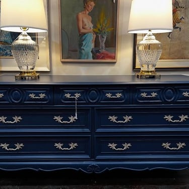 Blue faux French painted dresser. 64”x19”x31” 