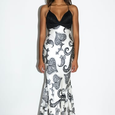 Black &amp; White Paisley Printed Silk Gown