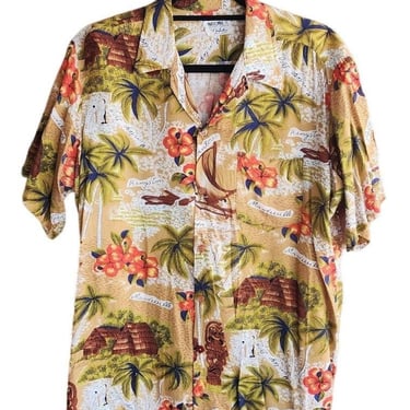 Vintage 60s Hawaiian Mens Shirt Tiki Print Jamaica 