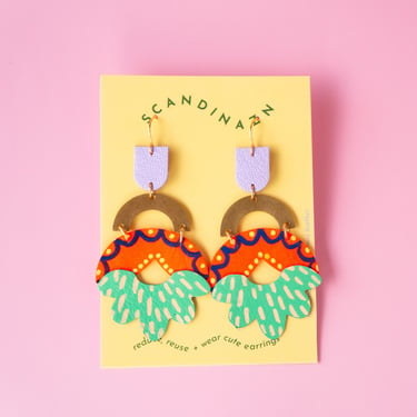Cynara Earrings in Neon Orange / Cerulean - Lightweight Statement Leather earrings with Geometric Shapes 