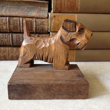 Vtg Artisan Handcarved Wooden Treen Scottish Terrier Dog // Bookend // Paper Weight // Statue 