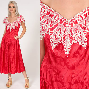 80s Party Dress Red Floral Embossed Dress Prom White Lace Off Shoulder Basque Waist Full Skirt Formal Vintage 1980s Going Out Medium 