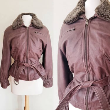 1980s Brown Leather Ladies Bomber Jacket / 80s Belted Fitted Winter Jacket Large Collar S / Aimee 