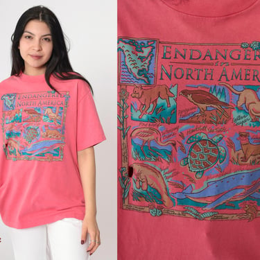 90s Endangered Species T-Shirt Pink Graphic Tee North America Wildlife Hawksbill Sea Turtle, Red Wolf, Peregrine Falcon Vintage 1990s Medium 