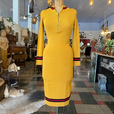 1990s knit dress, yellow striped, Vintage 90s dress, body con, bandage, small medium, mock neck, zip front, wiggle dress, y2k fashion, 27 28 