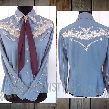 Ranch-Maid Vintage Western Women's Cowgirl Shirt, Blouse, Medium Blue, Silver Foiled Appliques, Size 14, Approx. Med. (see meas. photo) 
