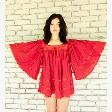 Mexican Mini // vintage sun red Mexican boho hippie dress hippy tunic blouse 70s 70's 1970s 1970's oversize beach cover // O/S 