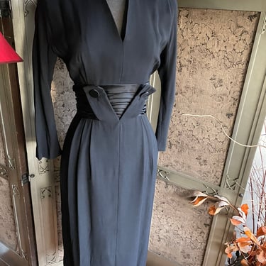 Vintage 1950s Black Rayon Fitted Dress by Rembrandt - S W: 26/27&quot; 