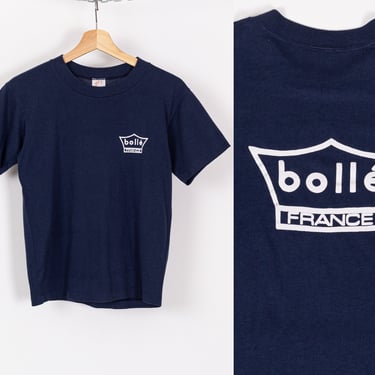 80s Bollé France T Shirt - Men's XS, Women's Small | Vintage Navy Blue Graphic Brand Tee 