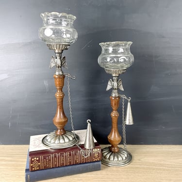 Metal and wood eagle candleholders with snuffers - a pair - 1970s vintage 