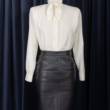 Vintage 1980s Chaus Petites Ivory Silk Blouse with Tie Neck and Structured Shoulders 