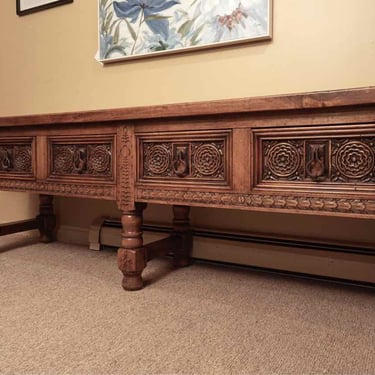 Oak Spanish  Accent Carved 4 Drawer Iron Hardware Console Owned By Larry Hagman
