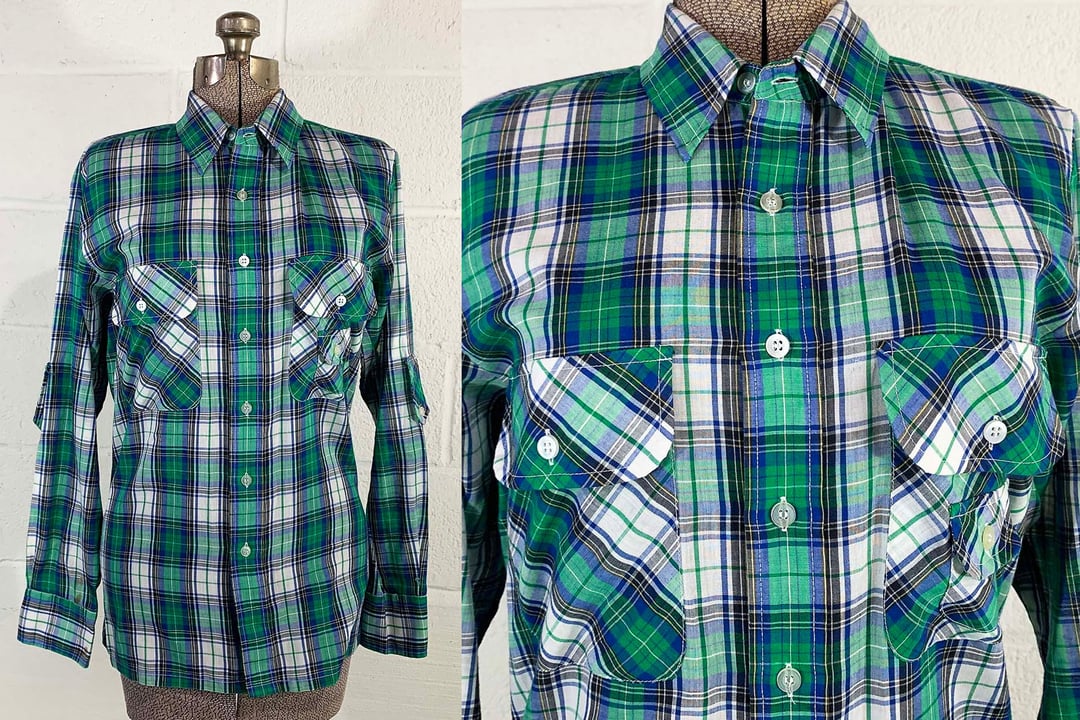 Vintage Green Loose Plaid drawstring Fall Long sleeve Shirt
