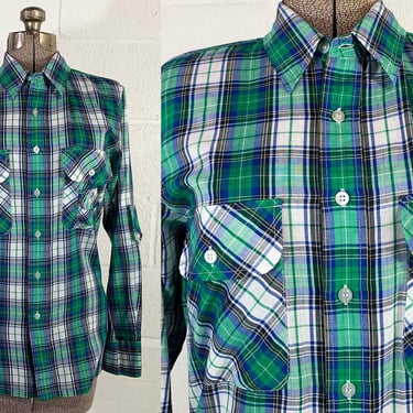 Vintage Green Plaid Shirt Button Front Long Sleeve Montgomery Ward Chain Blue Medium Large 1970s 