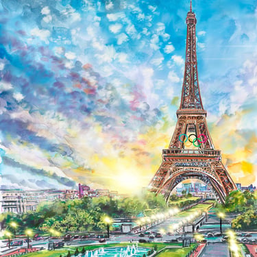 Paris 2024 Eiffel Tower Olympic Rings Gicleé Print by Cris Clapp Logan 