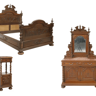 Antique Bedroom Set, Louis XIII Style, Set of 3, Bed, Stand, Dresser, 1800s!