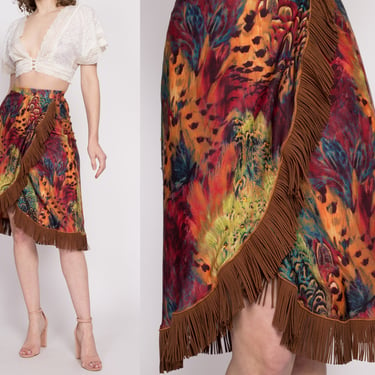 Vintage Boho Peacock Feather Print Fringe Skirt - Extra Small | Y2K Suede Trim High Waisted Costume Midi Skirt 