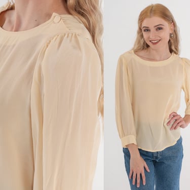 Cream Silk Blouse 80s Puff Sleeve Top Semi-Sheer 3/4 Sleeve Button Shoulder Top Minimalist Chic Simple Vintage 1980s Jonathan Martin Medium 