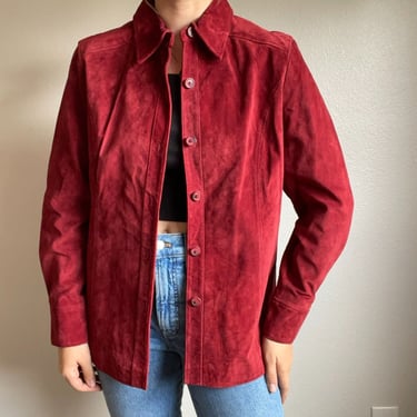 Vintage 90s Valerie Stevens Womens Berry Red 100% Suede Shirt Jacket Sz L Petite 