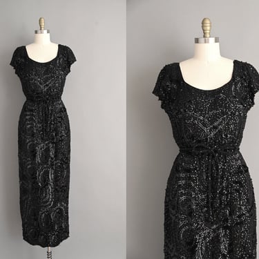 vintage 1950s Dress | Sparkly Full Sequin Black Silk Holiday Party Dress | Large 