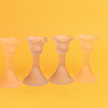 Set of 4 50s Pink Blue Tulip Frosted Glass Candlesticks Vintage Pastel Mini Candle Holders 