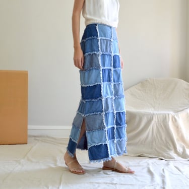 denim patchwork maxi skirt raw edge / y2k 